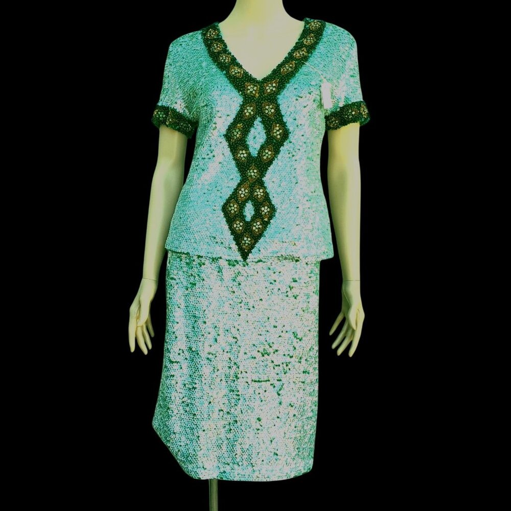 Vintage Sequin Beaded Green Skirt Set Size L 60s NWOT Cocktail Evening Wear - Picture 3 of 13